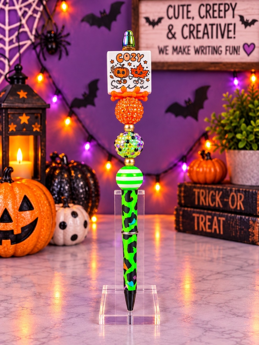 Halloween Cozy Pumpkin Beaded Ballpoint Pen - Green & Orange
